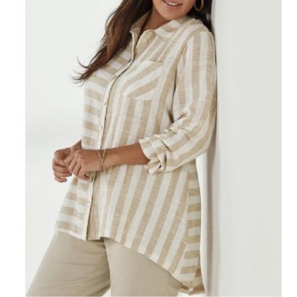 New Soft Surrounding Long Sleeve Beige and Cream Linen Blend Stripes Top Size 3X